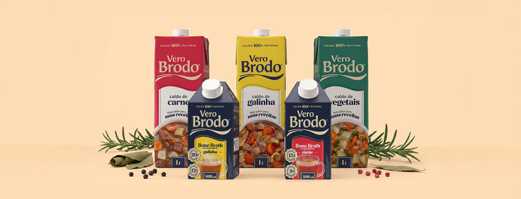 imagem com o portifólio da Vero brodo, com o caldo de vegetais e os caldos de ossos de galinha e carne, e os caldos de ossos bone broth