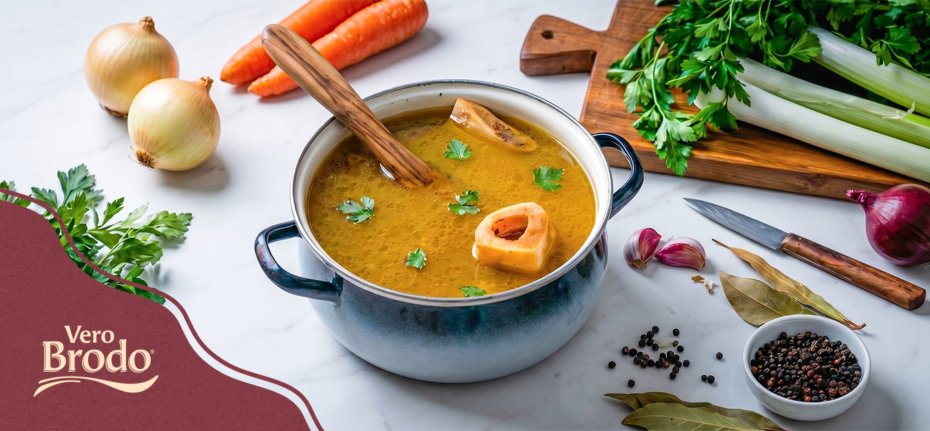 imagem de um caldo de ossos em uma panela com ingredientes naturais ao redor. representando como são feitos os caldos de ossos da Vero Brodo